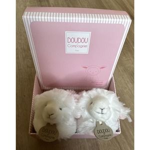 Doudou et Compagnie White & Blue Lamb Plush Soft Rattle Baby Booties 0-6 Months